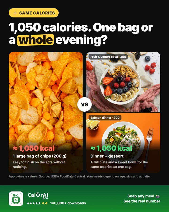 1,050 calories: one bag of chips or dinner and dessert?